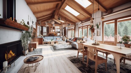 Cozy Scandinavian style house interior with raw wooden details, generative AI