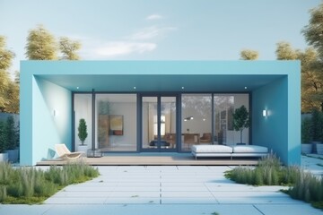 cozy blue house with a furnished patio. Generative AI