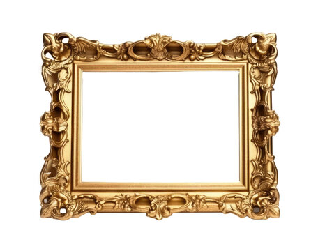 Decorative vintage frame ,Gold photo frame border design isolated background transparent png. Generative ai