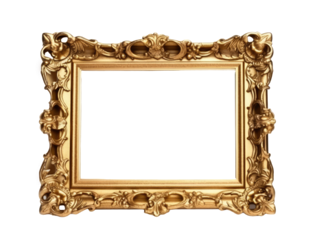 Decorative vintage frame ,Gold photo frame border design isolated background transparent png. Generative ai