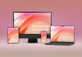 Devices Mockup with Phone Computer Laptop and Tablet - obrazy, fototapety, plakaty