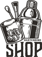 Cocktail shaker and bar glass for bartending shop or bar store. Chromed boston shaker for bartender or barman