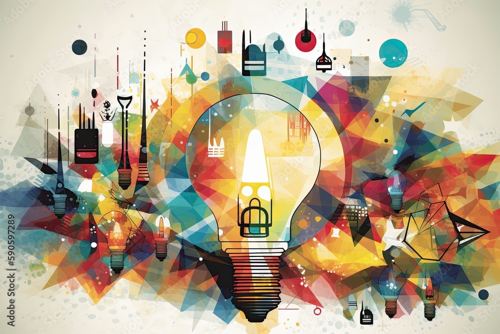 Poster light bulb surrounded by various objects and concepts. generative ai