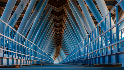 View of the lower part of a metallic construction bridge, where you can see the large tubes that...
