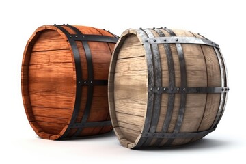 two rustic wooden barrels placed side by side. Generative AI