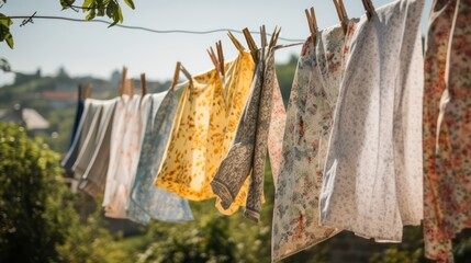 washed clothes hanging on a clothesline in the street on a sunny day. Washday. Generative AI