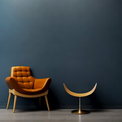 A chair and a table are in a room with a blue wall background minimalistic and modern