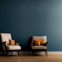 Two chairs in a room with a blue wall behind them background minimalistic and modern