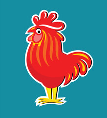 Colored vector illustration isolated on a turquoise background. Red rooster stylized as a logo. Your poultry farm logo. Cartoon red rooster.