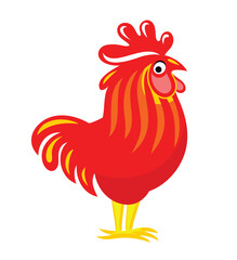 Color vector illustration isolated on white. Your poultry farm logo. Red rooster stylized as a logo. Cartoon red rooster.