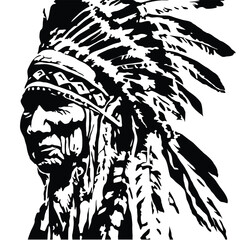 An old chief of an American Indian tribe. Vector illustration isolated on white. Indian headdress rave. Stencil image of an elderly American Indian.