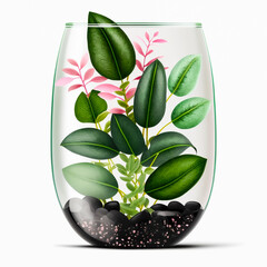 A glass vase with a plant in it that has a pink flower on it.
