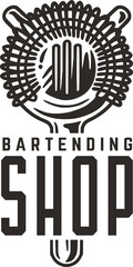Bartending logo with strainer for shop or store. Bartender design with chromed metal equipment or cocktail bar tool for barman.