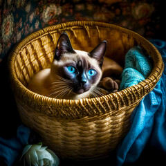 A cat with bright blue eyes sits in a basket.
