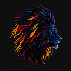 A lion with a fiery mane on a black background