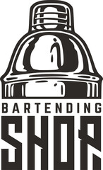 Bartender logo with cocktail shaker for bartending shop. Barman chromed metal boston shaker for cocktail bar or store