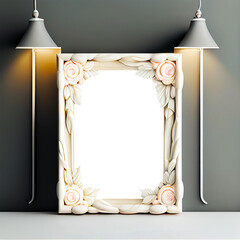 A white frame with pink roses on it and a lamp on the right side and with gray background