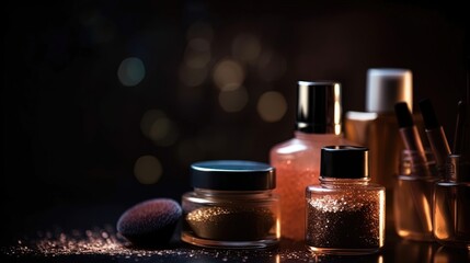 Obraz na płótnie Canvas Professional make-up products with black backdrop . Luxury beauty industry accessories. Generative ai.