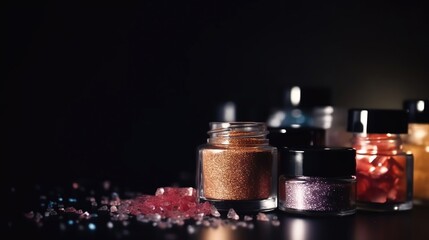 Professional make-up products with black backdrop . Luxury beauty industry accessories. Generative ai.