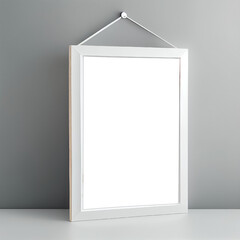 A white frame with a white border is hanging on a white table and with gray background