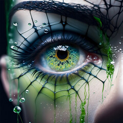 A green eye with a green pupil and a drop of water on it.