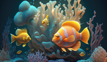 Animals of the underwater sea world. Ecosystem. Yellow tropical fish. Life in the coral reef. (ai generated)