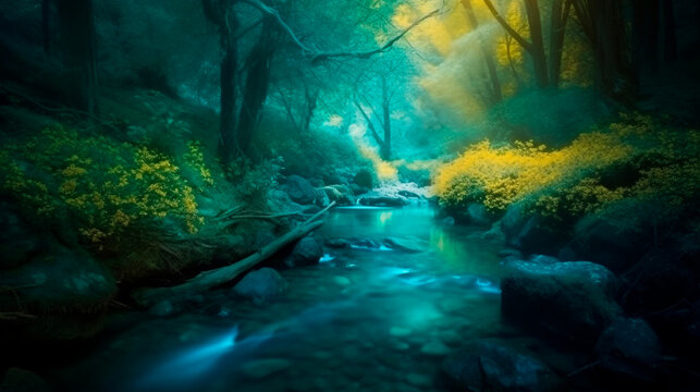 A beautiful blue creek in the woods, dark yellow and light emerald, enchanting lighting, © Юрий Маслов