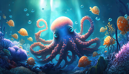 Image cartoon for 3d floor. Underwater world. Cartoons Octopus. corals. (ai generated)