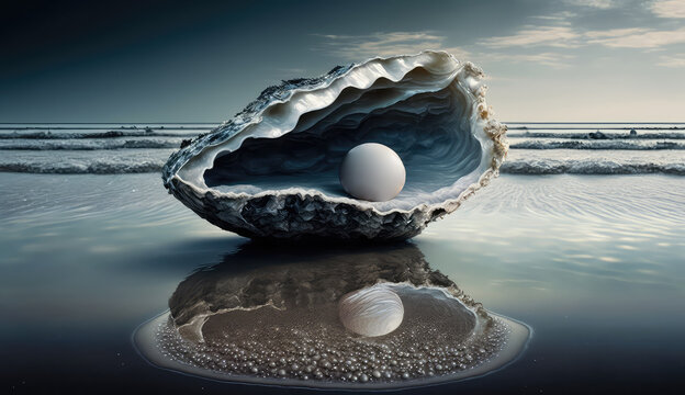 Close up image of organic pearl in a shell (ai generated)