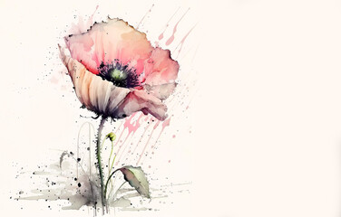 Poppy. watercola. Poppy on a white background. Splashes of colors. Banner. Generative AI.