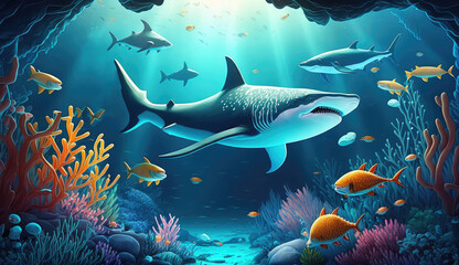 Obraz na płótnie Canvas Animals cartoon of the underwater sea world. Ecosystem. Colorful tropical shark. Life in the coral reef. (ai generated)