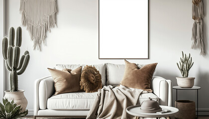 Generative AI illustration of modern casual bohemian style boho living room interior with empty picture frames on walls