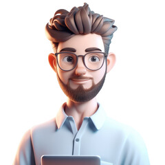 3D icon avatar cartoon hipster character, stylish smiling man with beard with tablet, cartoon close up portrait on isolated on transparent png background. Generative ai - obrazy, fototapety, plakaty