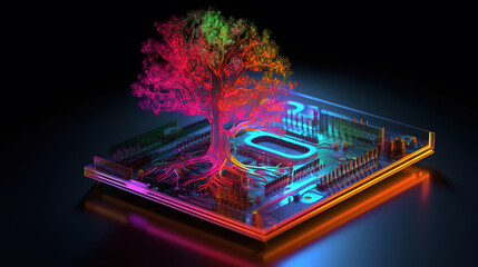 Neon tree on a computer chip, Bright color. Generative Ai