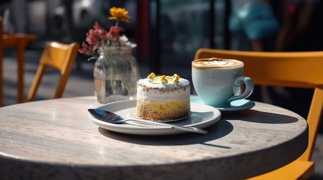 Coffee and cake on a cafe table outside. Generative Ai