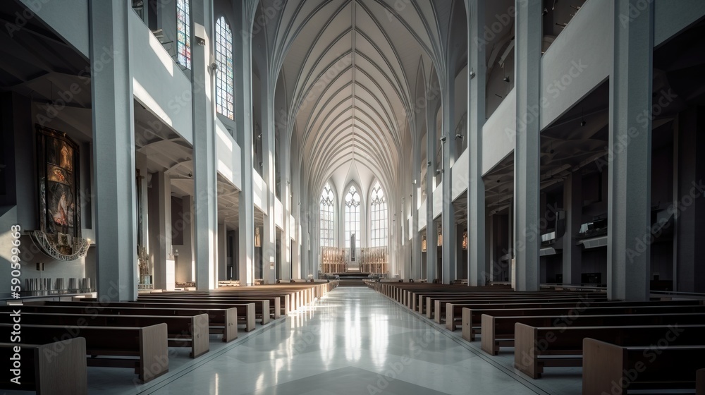 Poster a large cathedral with high vaulted ceilings and pews on either side of the pews is shown in the for