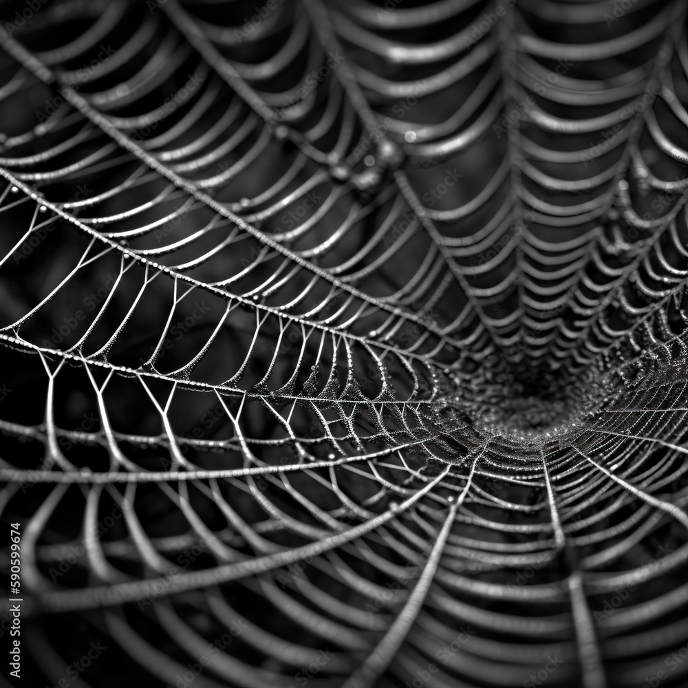 Poster a black and white photo of a large spider web with a black background and a black and white photo of