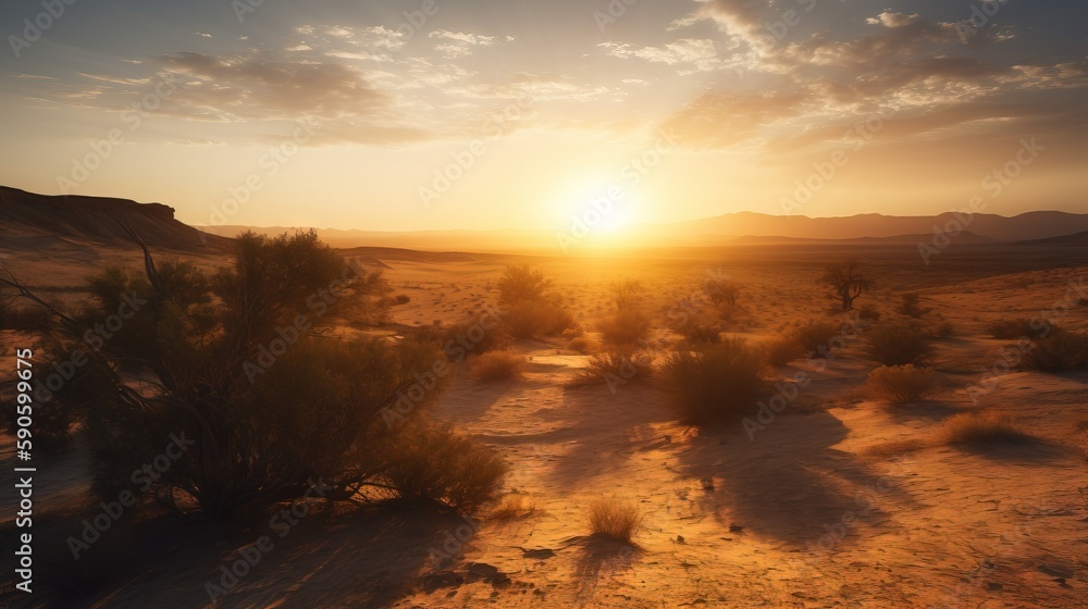 Poster the sun is setting in the desert with a few trees in the foreground and a few bushes in the foregrou