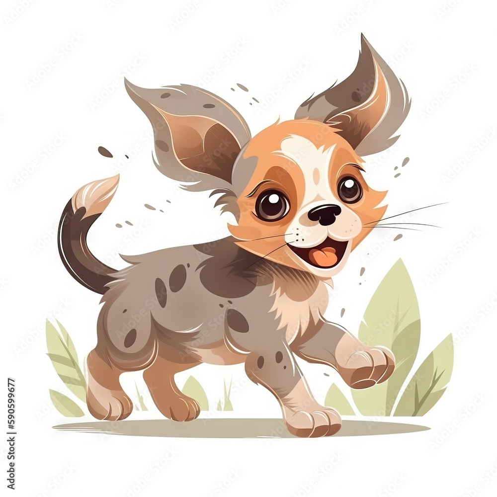 Poster  a little dog running through a field of grass with leaves on it's back legs and a smile on its face, with its mouth open wide open wide open eyes.  generative ai