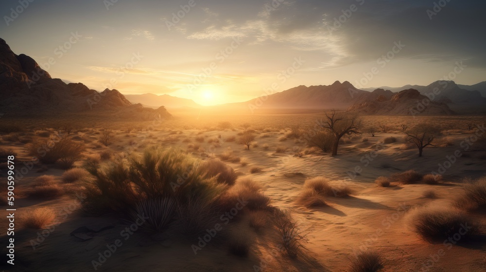Poster the sun is setting in the desert with mountains in the background and grass in the foreground, and a