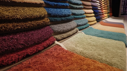 Samples of carpets of different colors on a stand in a store or production. Generative Ai