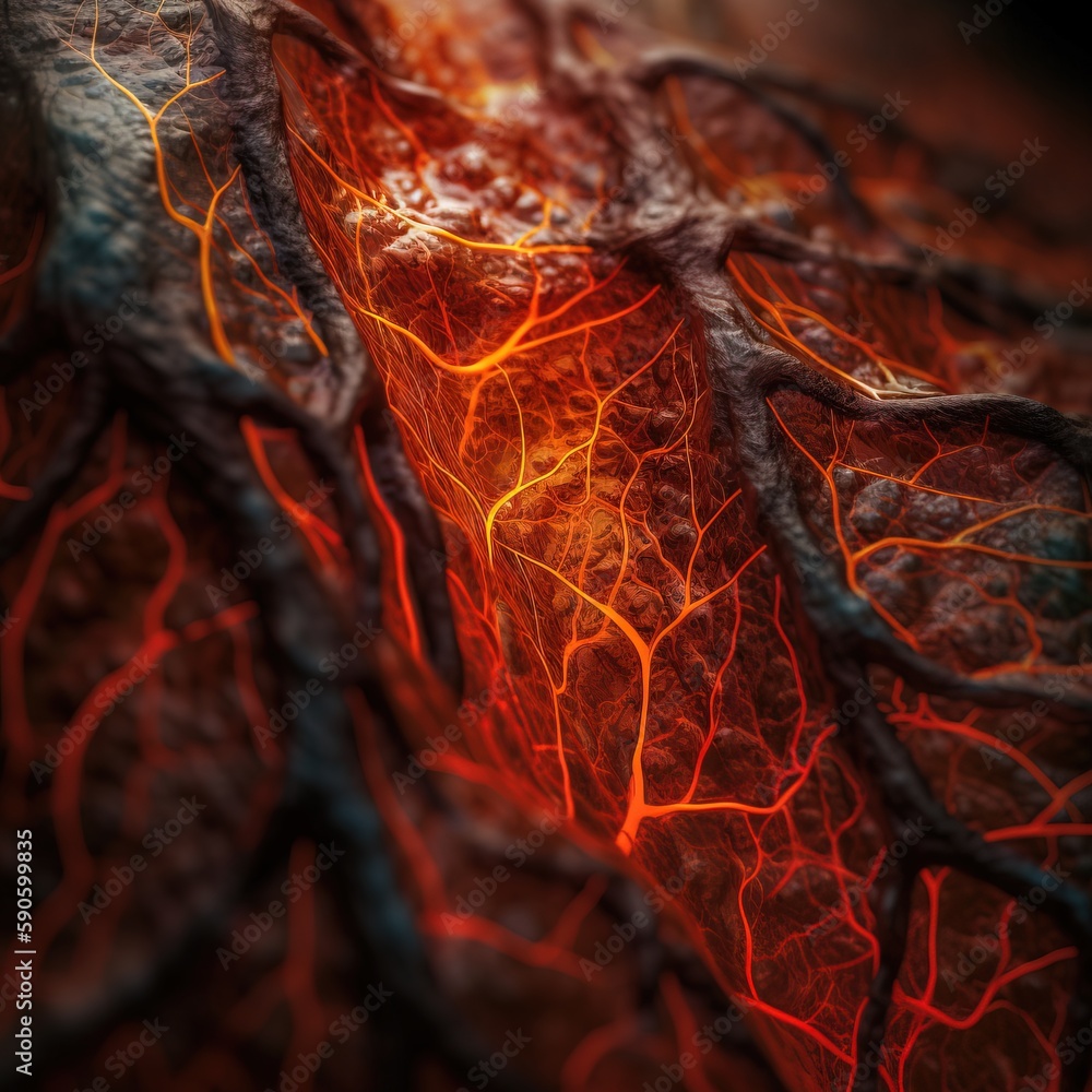 Poster a close up of a leaf with red and yellow streaks on it's surface and a black background with a red a