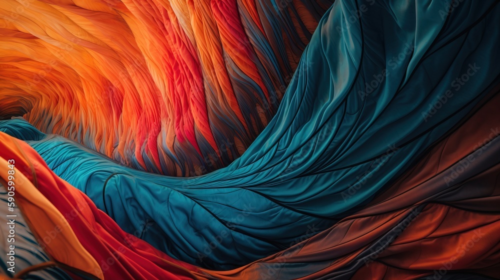 Poster an abstract painting of a colorful wave of fabric on a white background with a red, orange, and blue