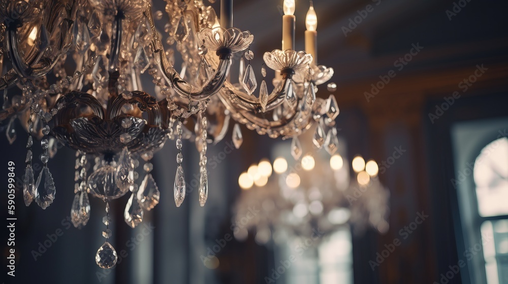Poster a chandelier hanging from a ceiling in a room with a large window in the background and a chandelier