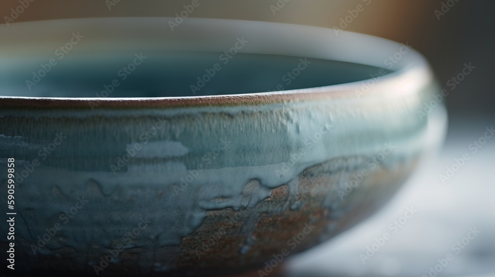 Poster a close up of a bowl on a table with a blurry image of the surface of the bowl and the surface of th