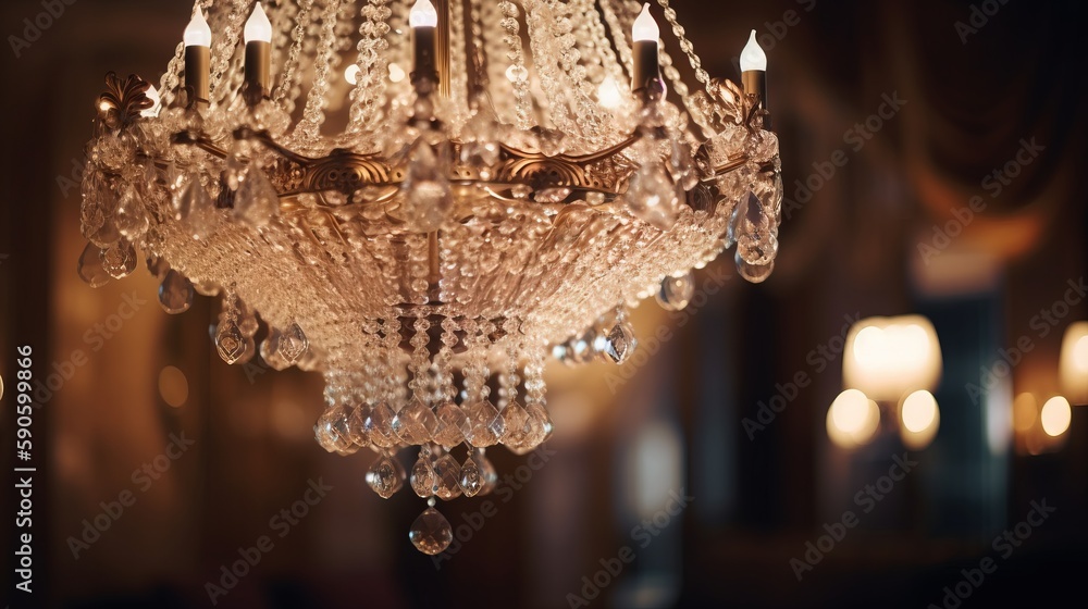 Poster a chandelier hanging from a ceiling in a room filled with candles and chandelier lights hanging from