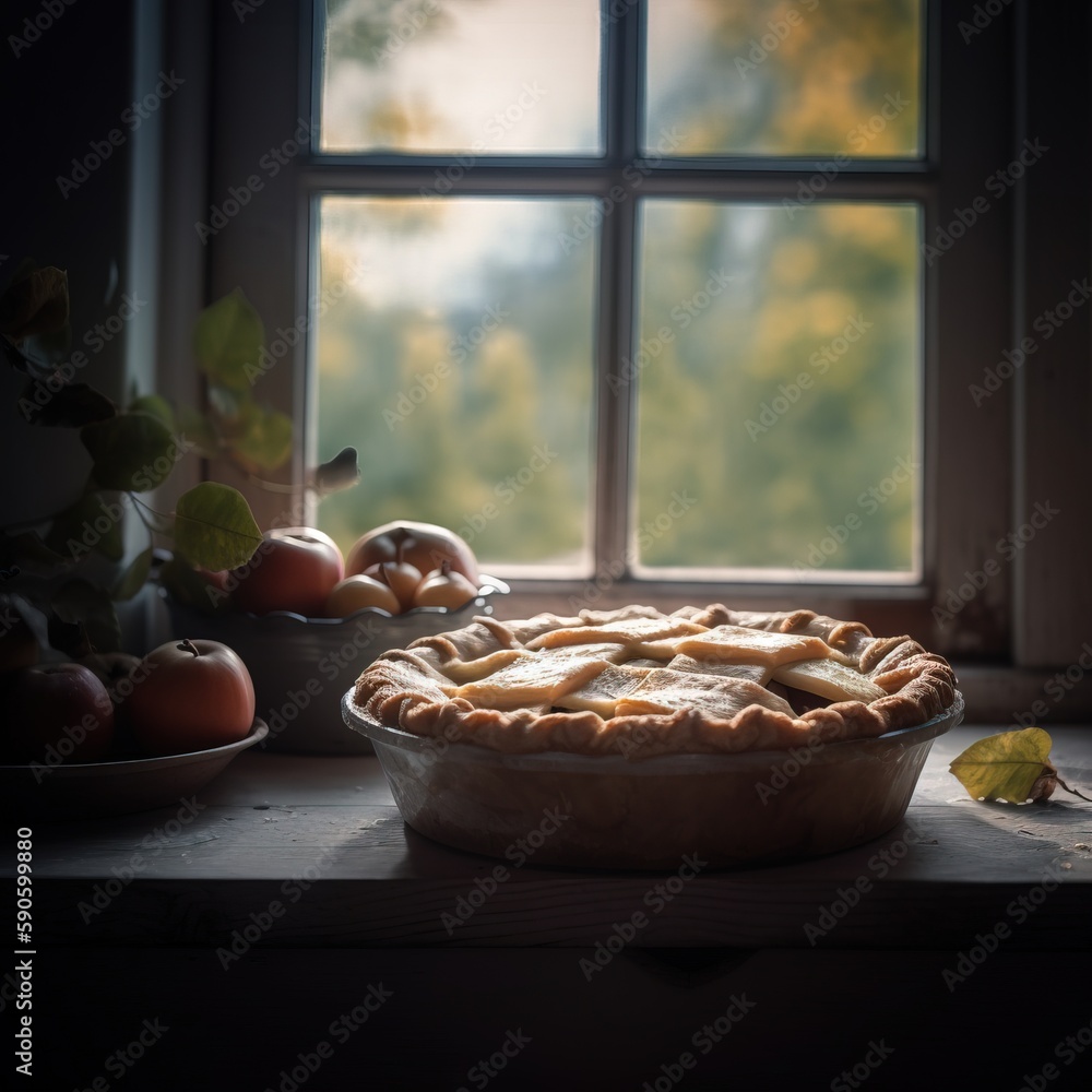 Poster a pie sitting on a table in front of a window next to a potted plant and a bowl of fruit on a table 