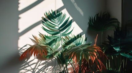 Fototapeta na wymiar Shadows from palm leaves and tropical branches on a white wall. Generative Ai