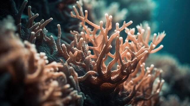  a close up of a staghorn coral in the ocean, with the background blurred to emphasize the vibrant colors of the coral
