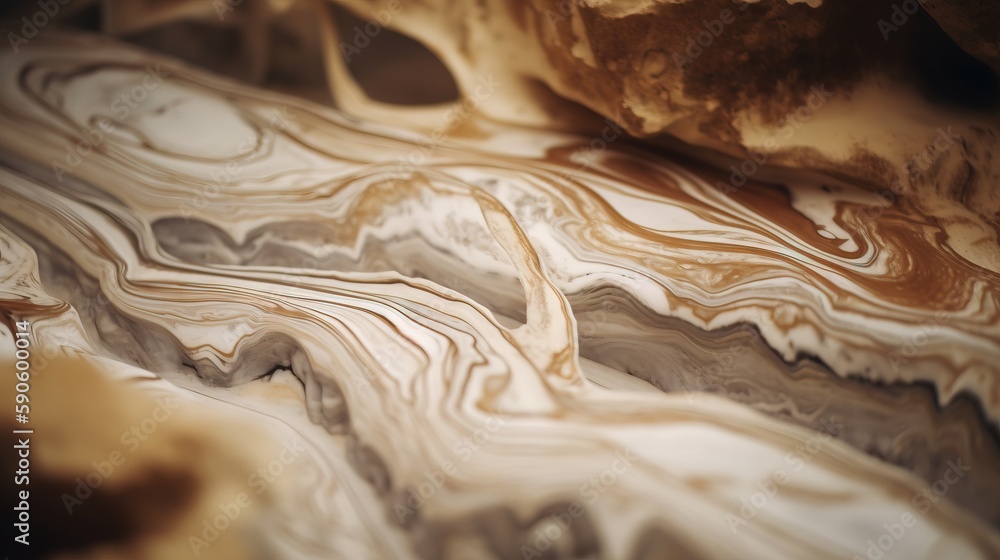 Poster a close up of a marbled surface with a brown and white design on it's surface and a brown pillow on 